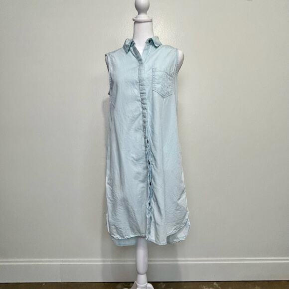Beach Lunch Lounge Chambray Sleeveless Small Button Front Shirt Dress Blue Shift - Picture 1 of 11